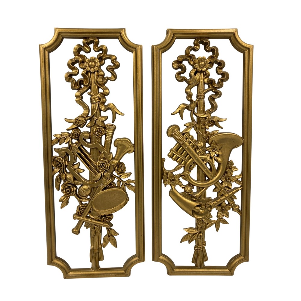 Vtg 1964 Burwood Products Gold‎ Musical Wall Plaques Pair USA MCM Plastic 14x5.5